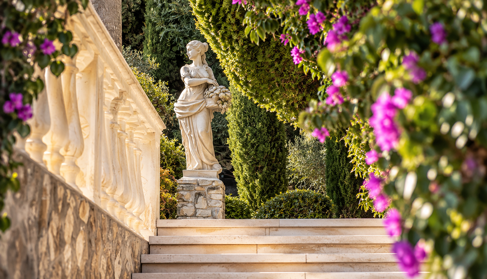 Giardino mediterraneo con statua classica, scale in pietra e vegetazione